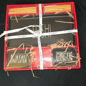 NWT Rae Dunn Black and Red Sushi Set with Chopsticks